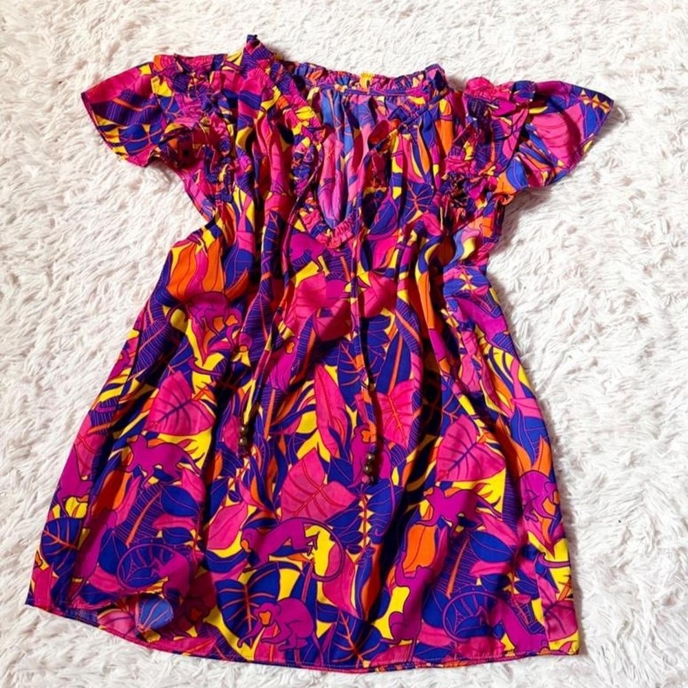 Neon Tropical Rainforest Colorful Monkey Botanical Ruffle Top Womens L Retro